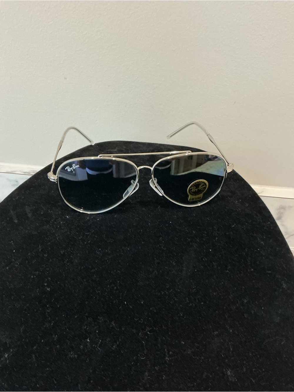 Ray-Ban Silver Frame Aviator Sunglasses with Blue Lenses